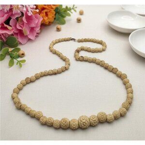 Vintage Hand Carved Bovine Bone Floral Bead Necklace 26 in Tribal Boho Ethnic